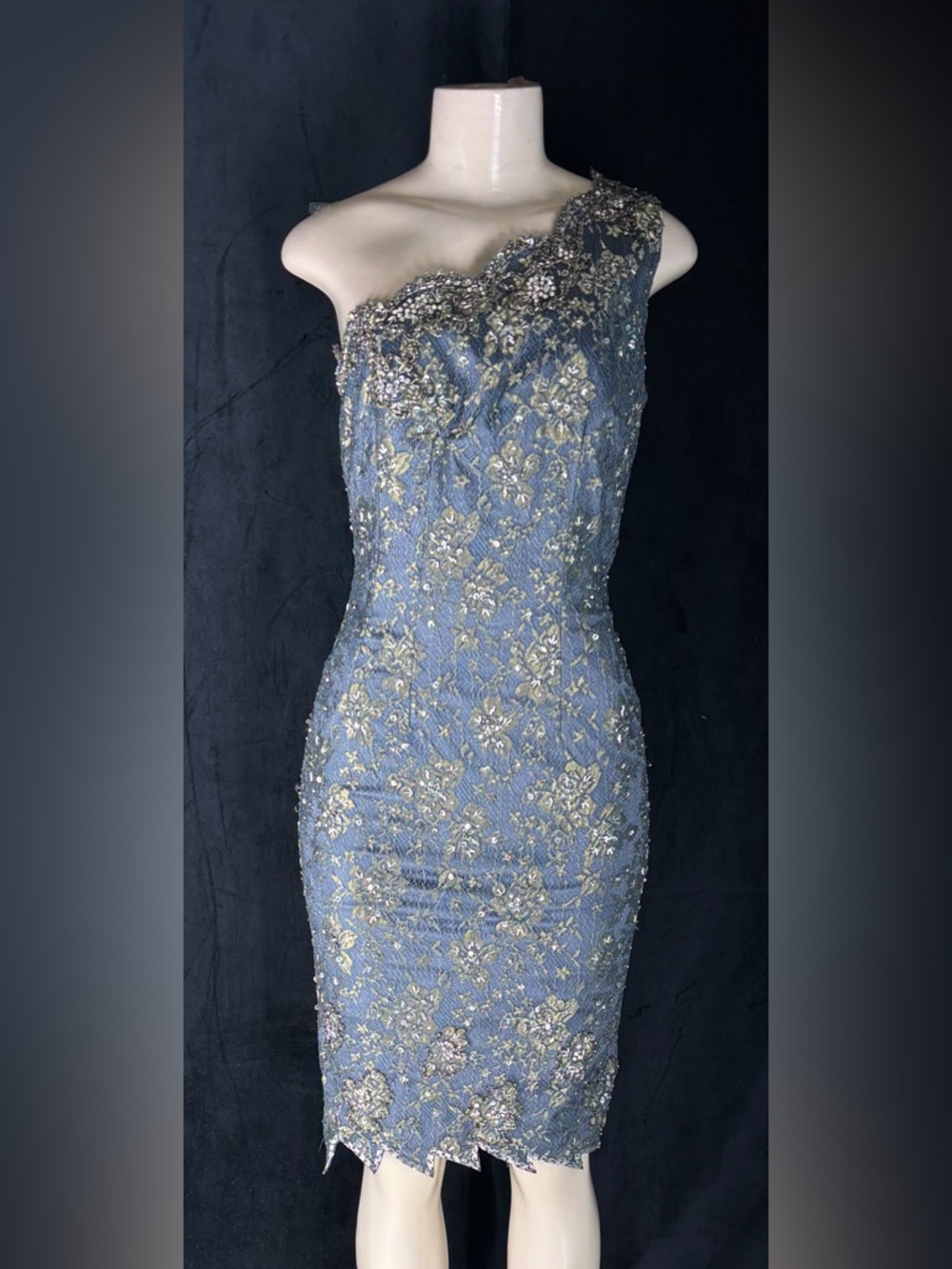 One-Shoulder Embellished Lace Sheath Dress in Dusty Blue